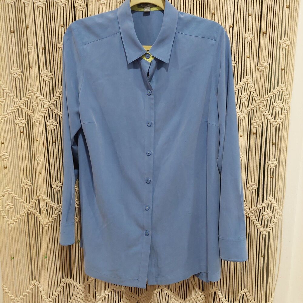 L - GO SILK Blue Dress Shirt Button Front Lime Green Collar Stand and Cuff EUC